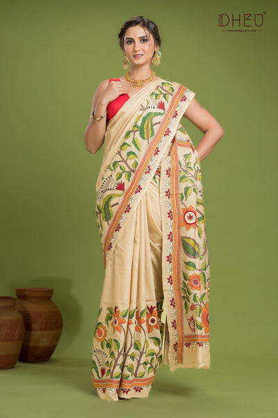 Pure Tussar Silk Kantha Stitch Saree (Silk Mark Certified)