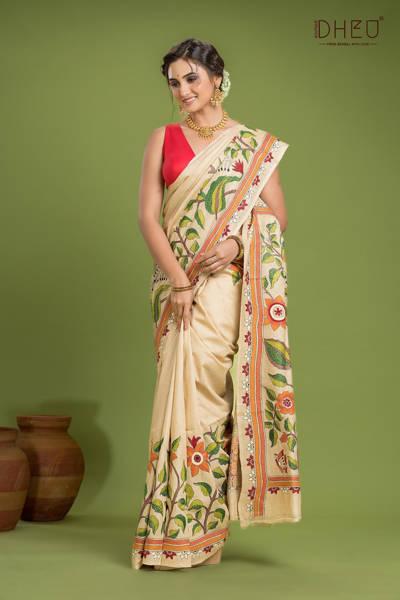 Pure Tussar Silk Kantha Stitch Saree (Silk Mark Certified)