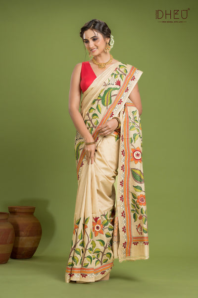 Pure Tussar Silk Kantha Stitch Saree (Silk Mark Certified)