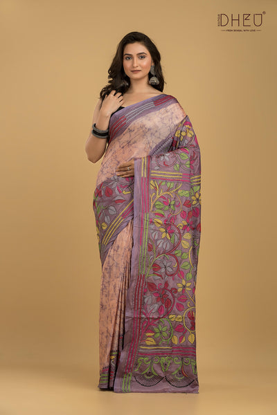 Bangalore Silk Kantha Stitch Saree (Silk Mark Certified)