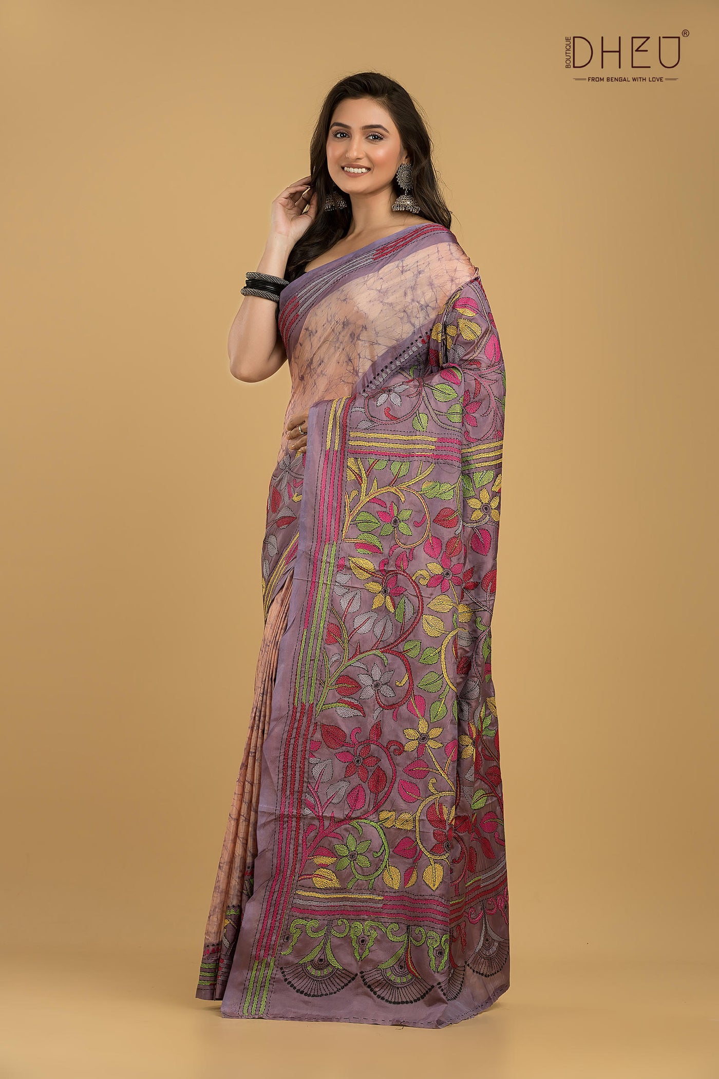 Bangalore Silk Kantha Stitch Saree (Silk Mark Certified)