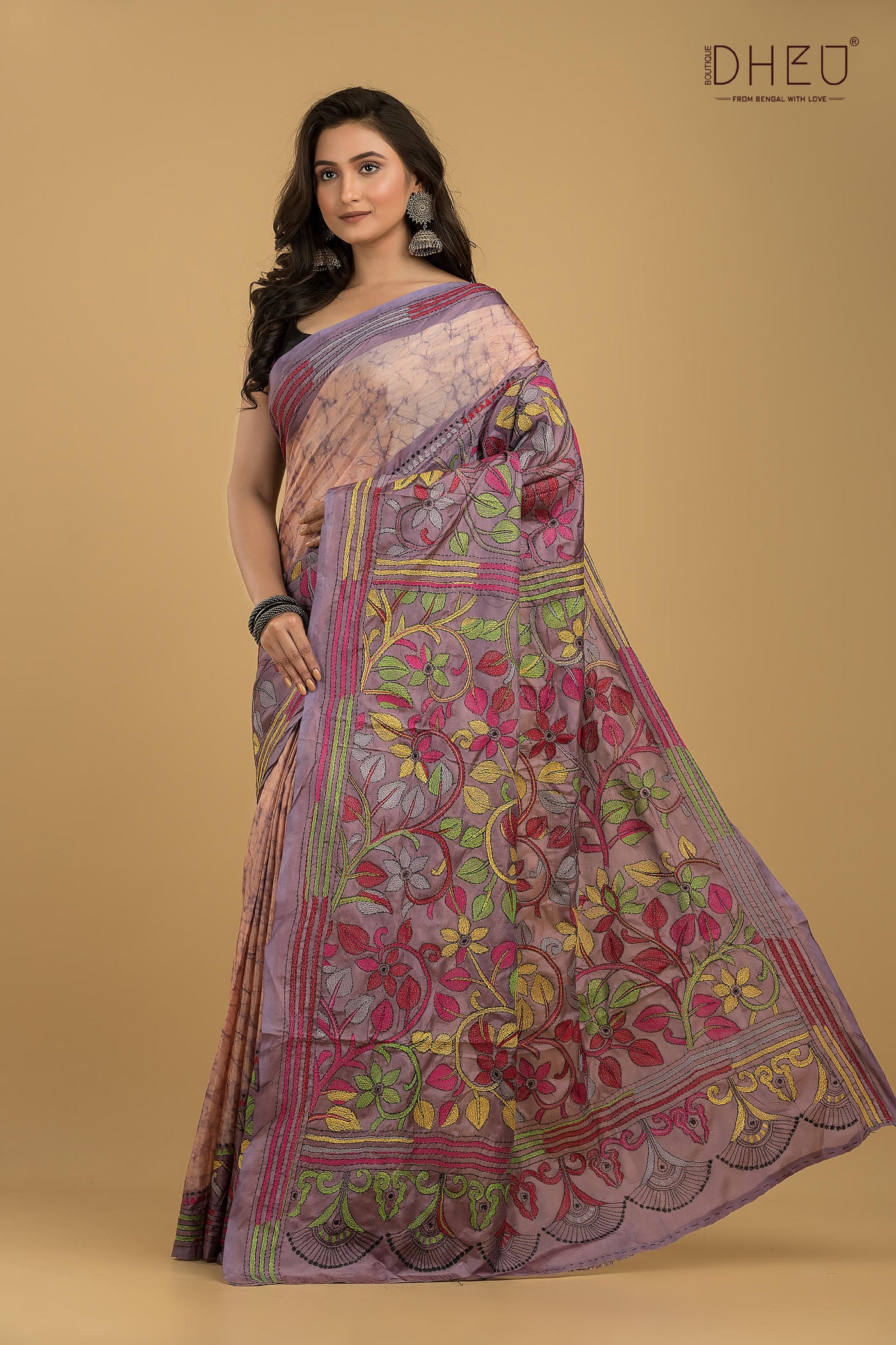 Bangalore Silk Kantha Stitch Saree (Silk Mark Certified)