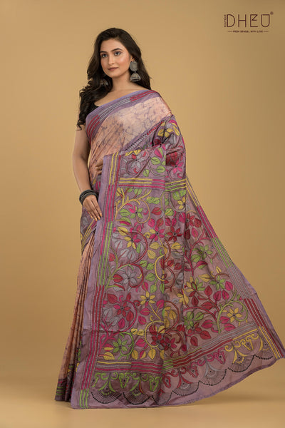 Bangalore Silk Kantha Stitch Saree (Silk Mark Certified)