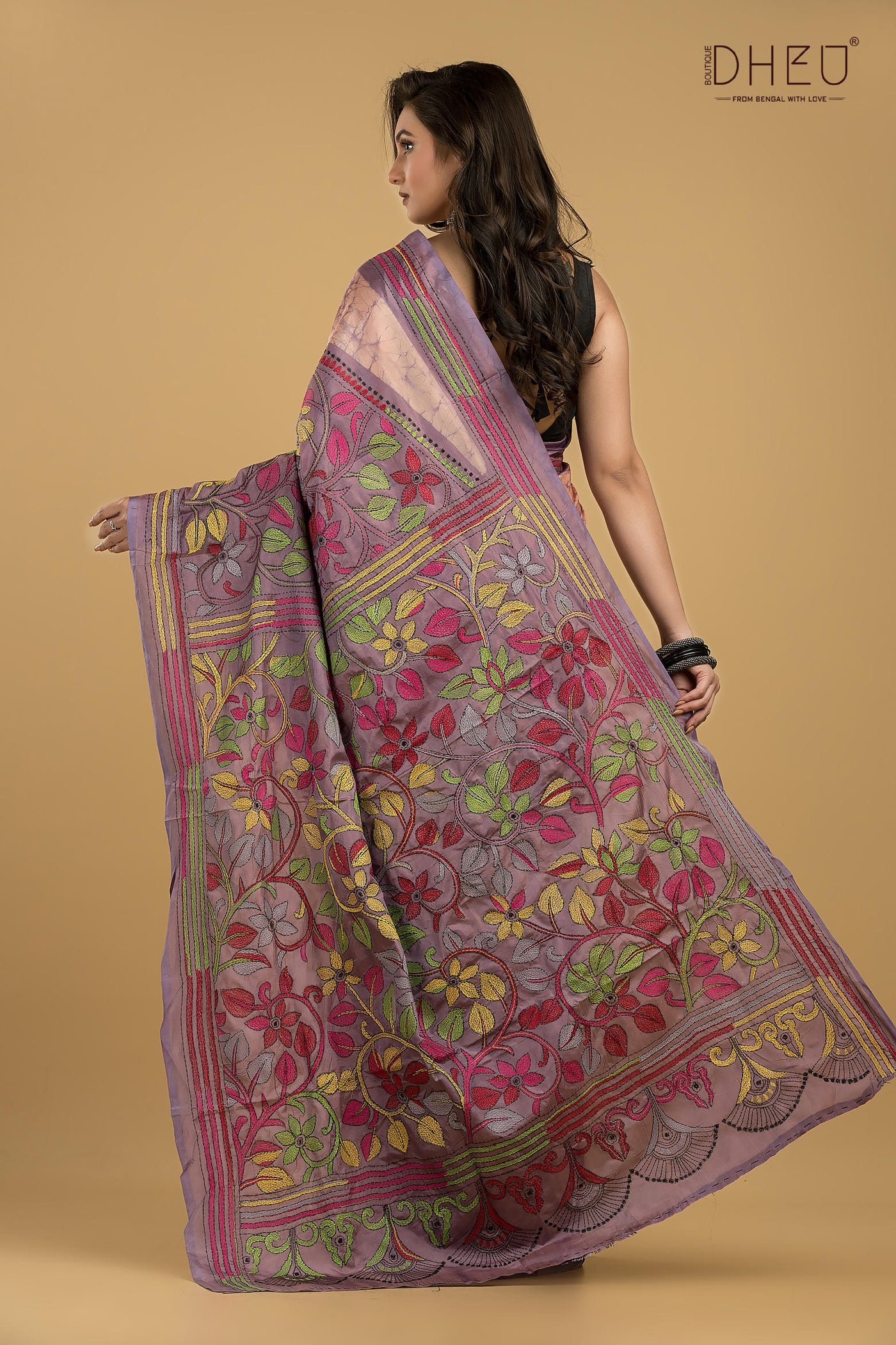 Bangalore Silk Kantha Stitch Saree (Silk Mark Certified)