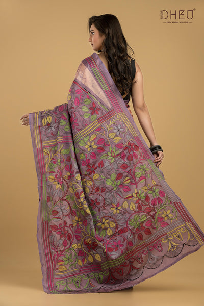 Bangalore Silk Kantha Stitch Saree (Silk Mark Certified)