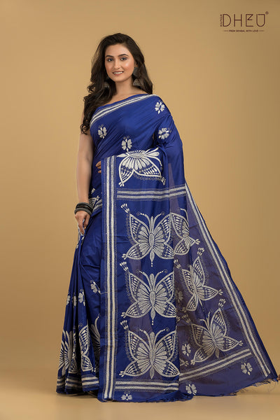 Bangalore Silk Kantha Stitch Saree (Silk Mark Certified)