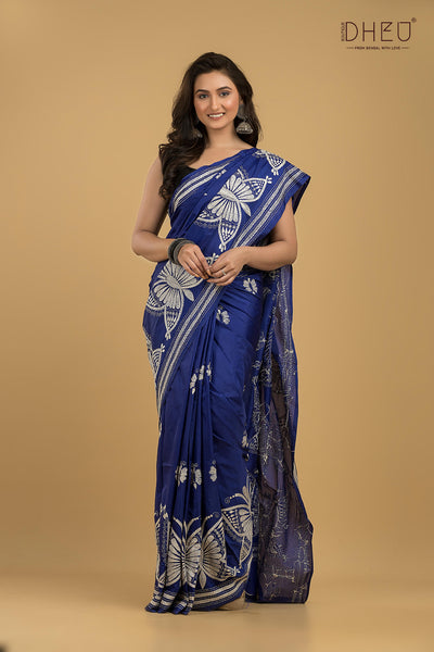 Bangalore Silk Kantha Stitch Saree (Silk Mark Certified)