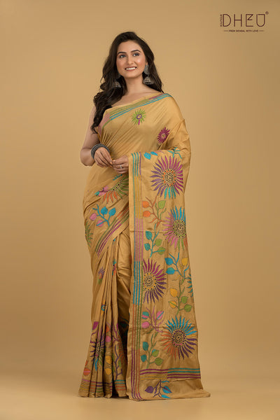 Bangalore Silk Kantha Stitch Saree (Silk Mark Certified)