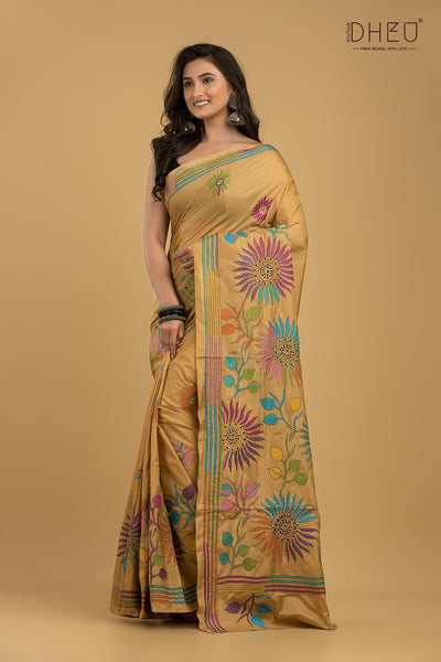 Bangalore Silk Kantha Stitch Saree (Silk Mark Certified)