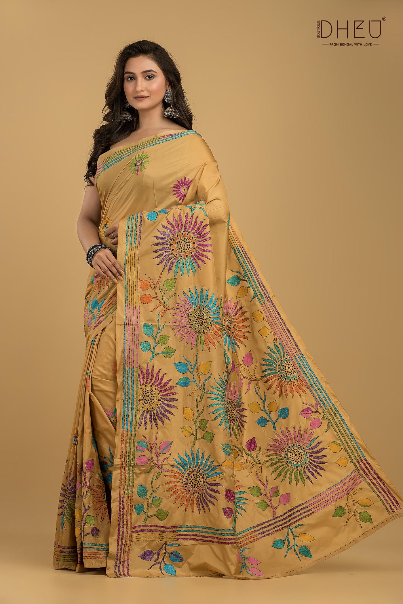 Bangalore Silk Kantha Stitch Saree (Silk Mark Certified)