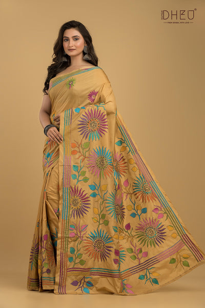 Bangalore Silk Kantha Stitch Saree (Silk Mark Certified)