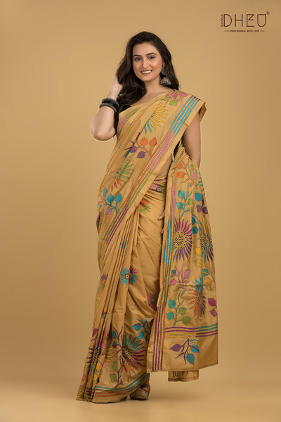 Bangalore Silk Kantha Stitch Saree (Silk Mark Certified)