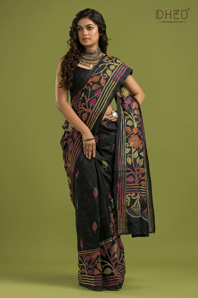 Bangalore Silk Kantha Stitch Saree (Silk Mark Certified)