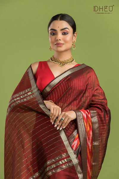 Pure Silk Ikkat Par Mangalagiri Saree (Silk Mark Certified)