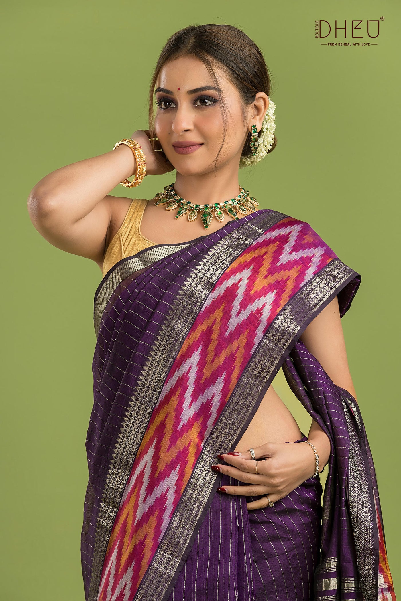 Pure Silk Ikkat Par Mangalagiri Saree (Silk Mark Certified)