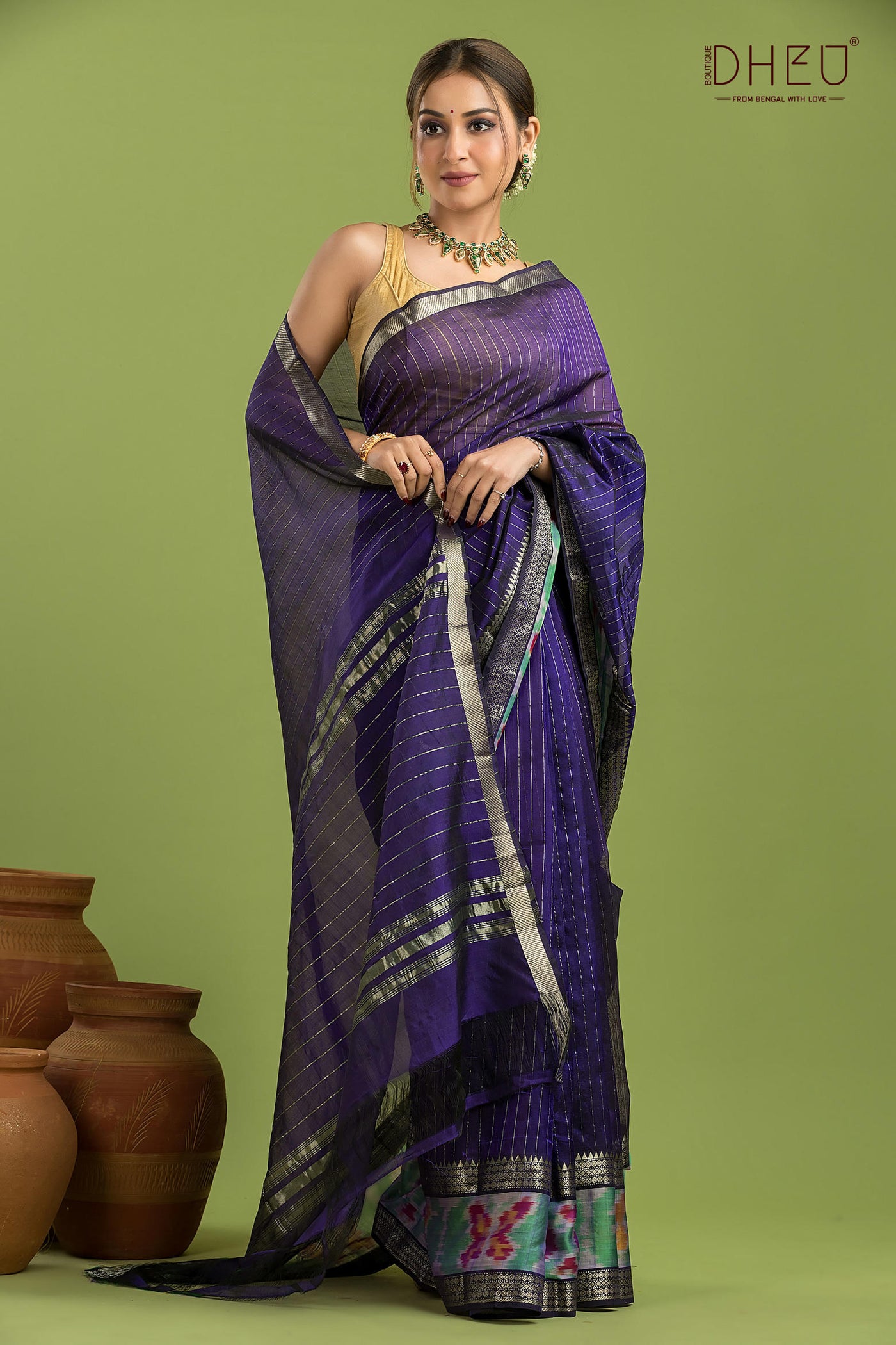 Pure Silk Ikkat Par Mangalagiri Saree (Silk Mark Certified)