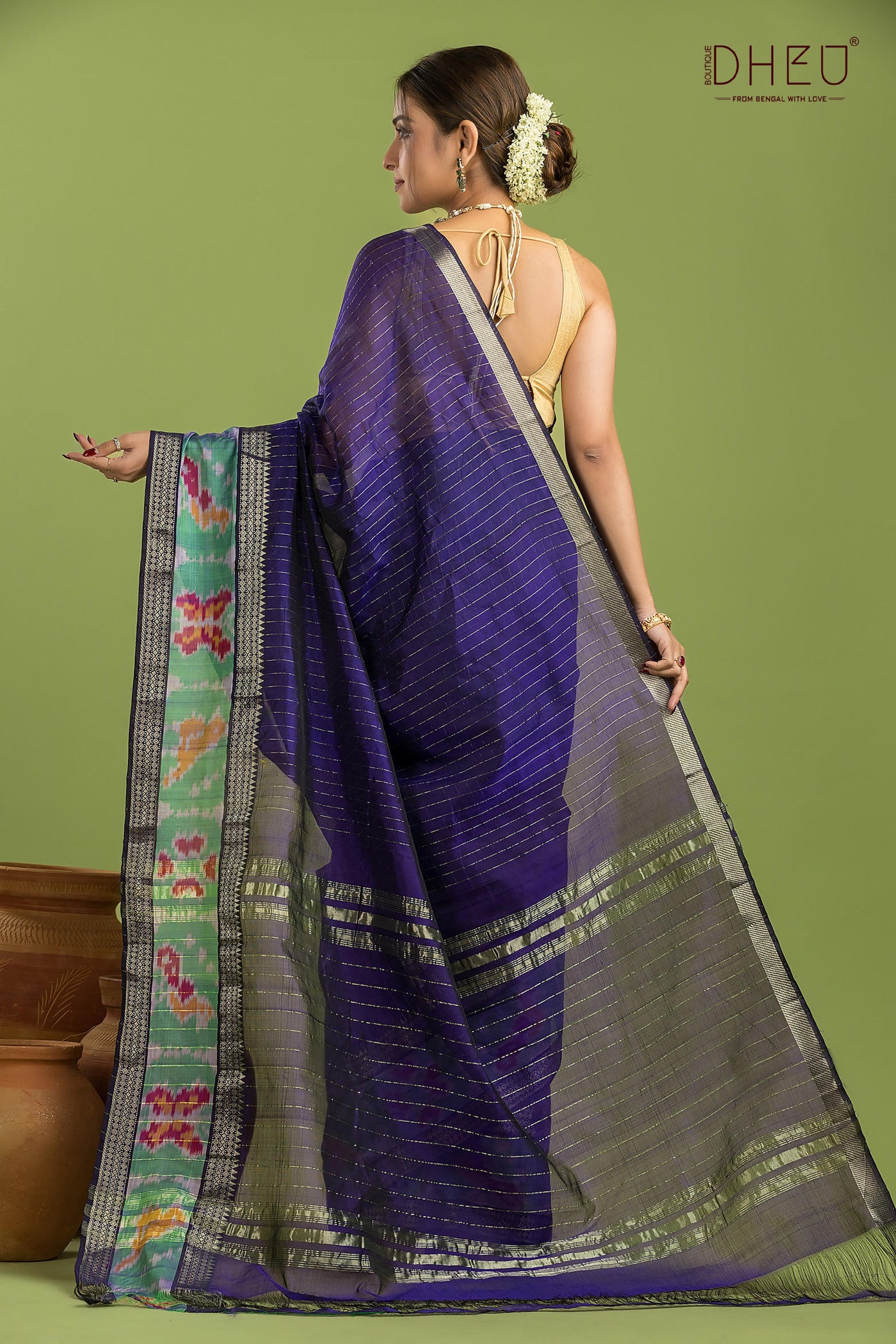 Pure Silk Ikkat Par Mangalagiri Saree (Silk Mark Certified)