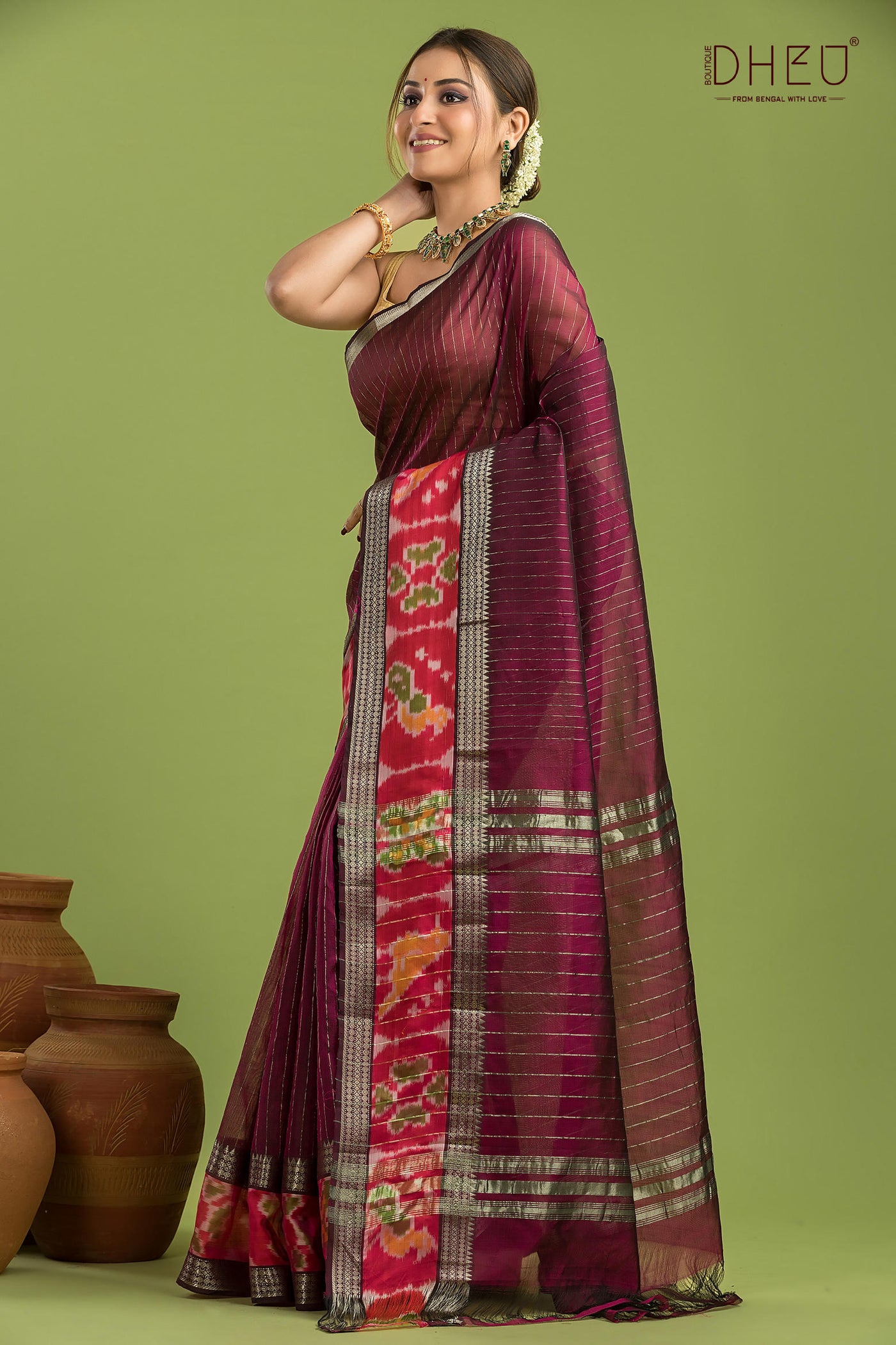 Pure Silk Ikkat Par Mangalagiri Saree (Silk Mark Certified)