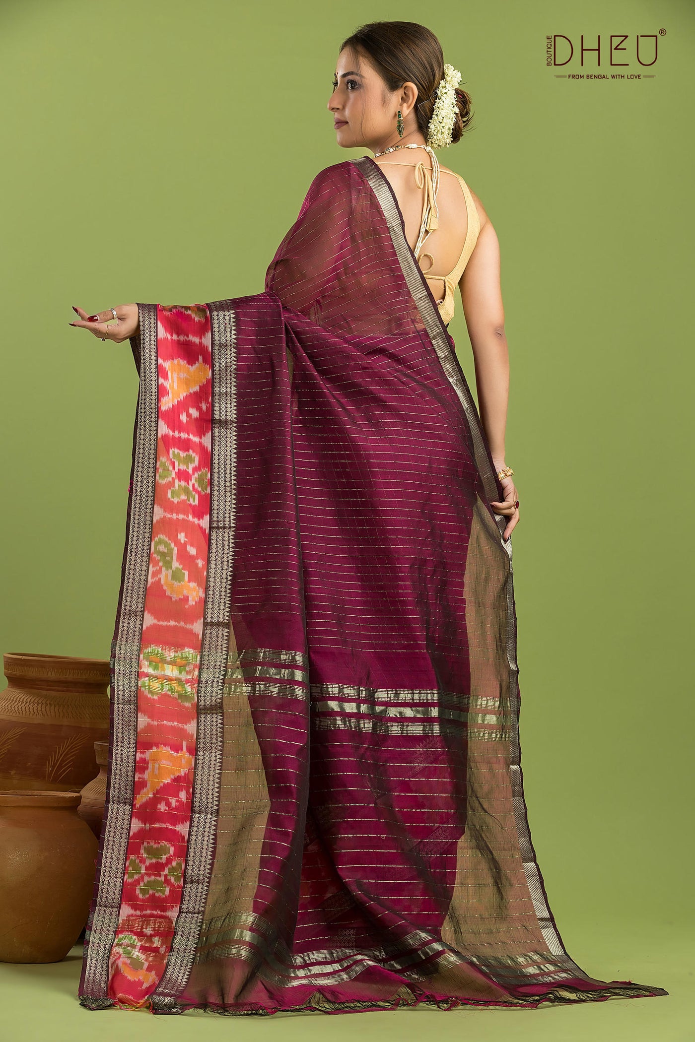 Pure Silk Ikkat Par Mangalagiri Saree (Silk Mark Certified)