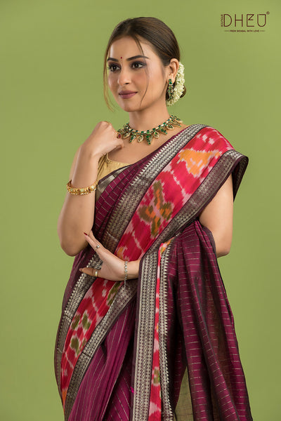 Pure Silk Ikkat Par Mangalagiri Saree (Silk Mark Certified)