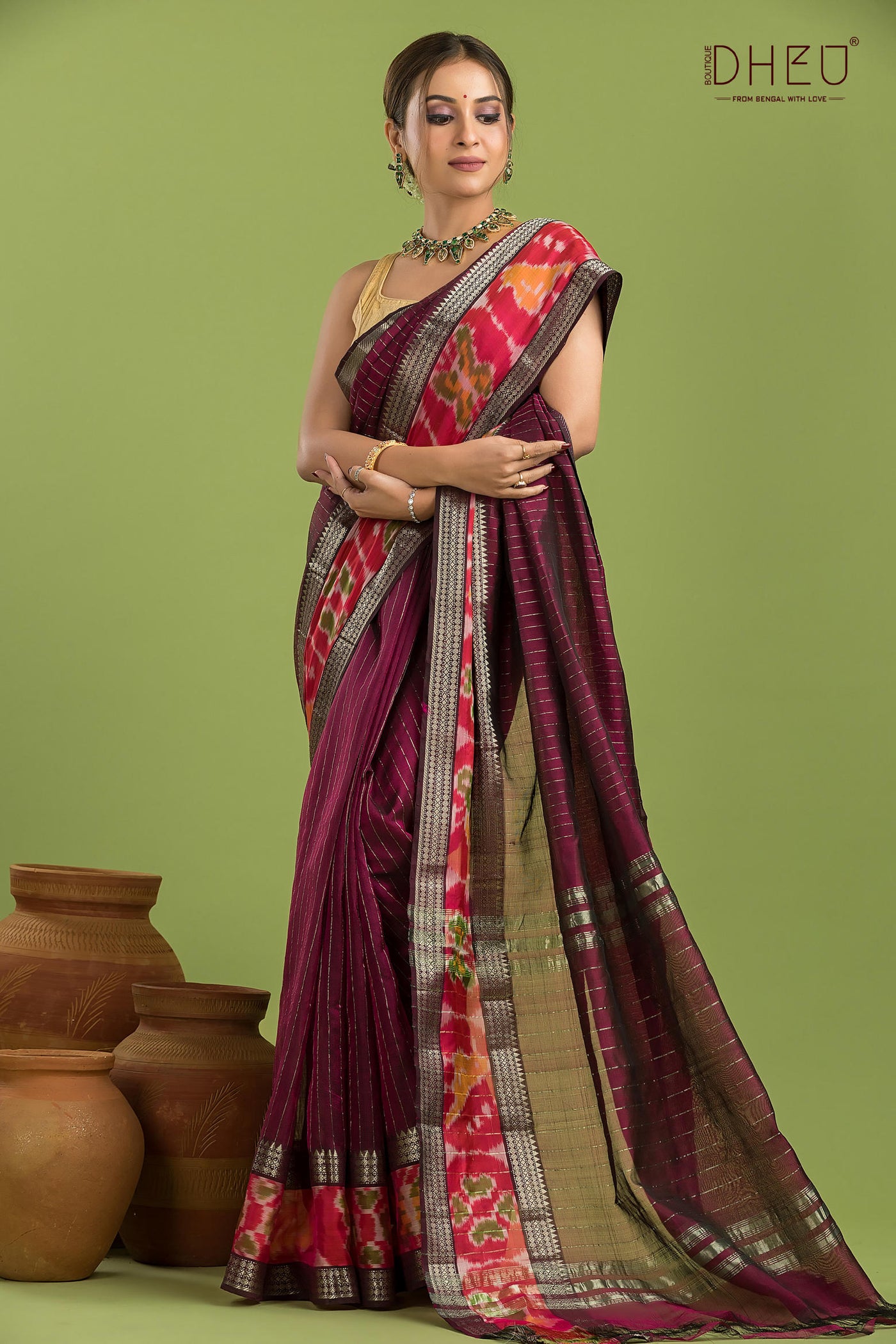 Pure Silk Ikkat Par Mangalagiri Saree (Silk Mark Certified)