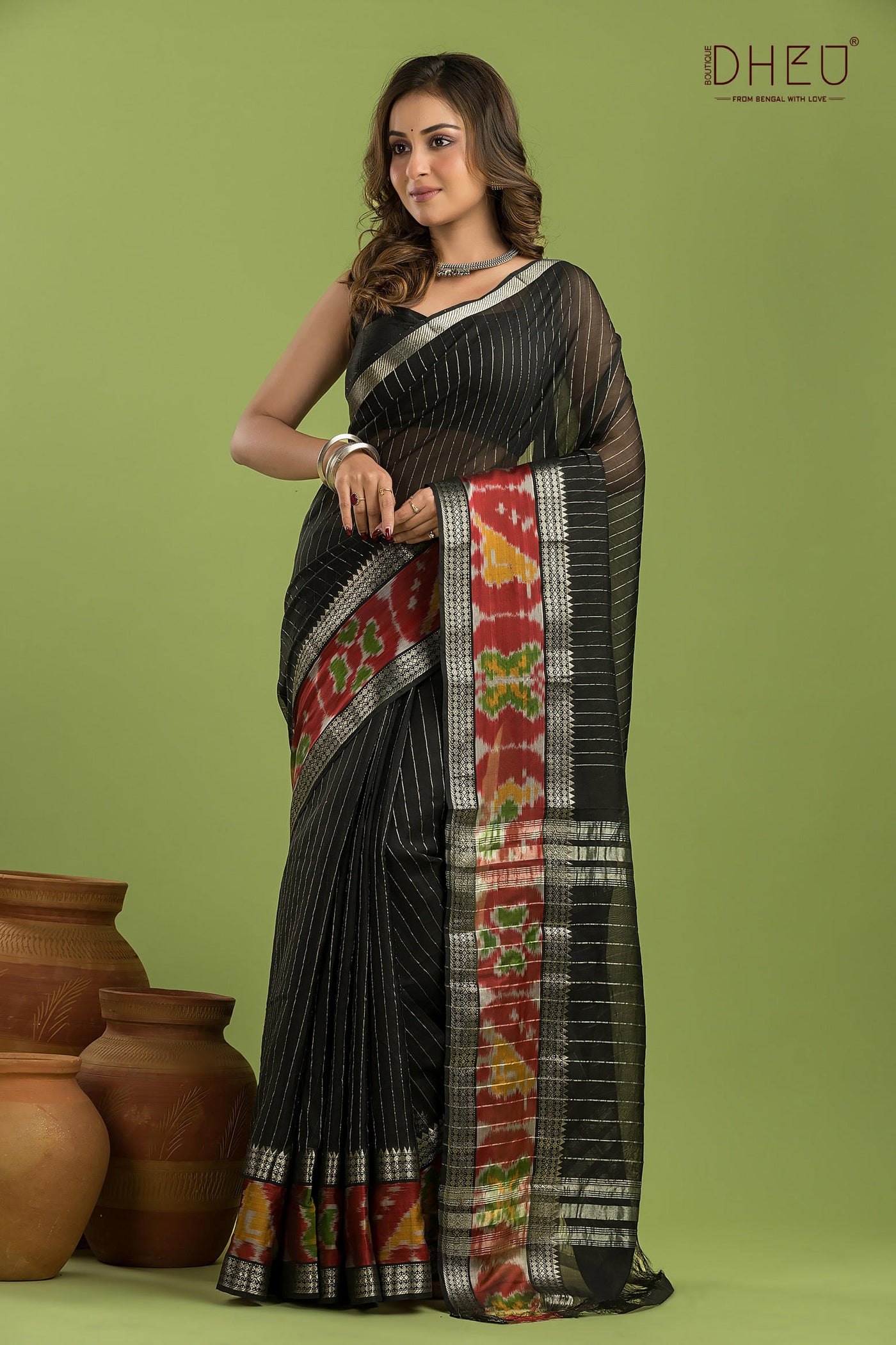 Pure Silk Ikkat Par Mangalagiri Saree (Silk Mark Certified)
