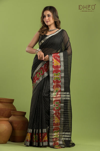Pure Silk Ikkat Par Mangalagiri Saree (Silk Mark Certified)