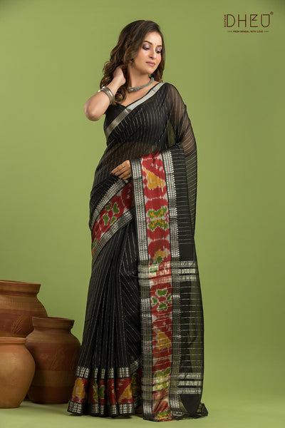 Pure Silk Ikkat Par Mangalagiri Saree (Silk Mark Certified)