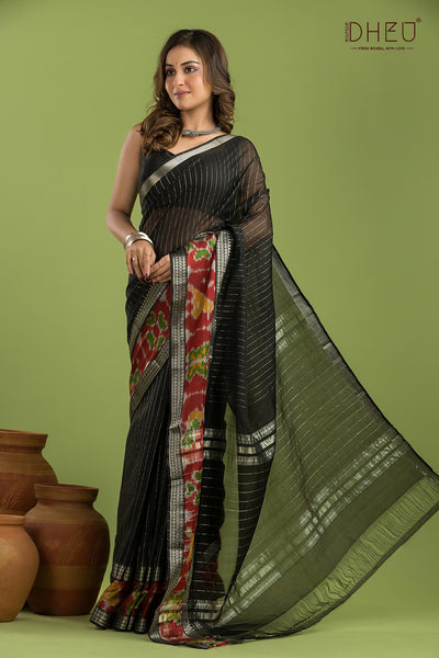 Pure Silk Ikkat Par Mangalagiri Saree (Silk Mark Certified)