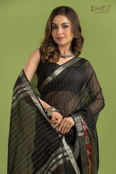 Pure Silk Ikkat Par Mangalagiri Saree (Silk Mark Certified)