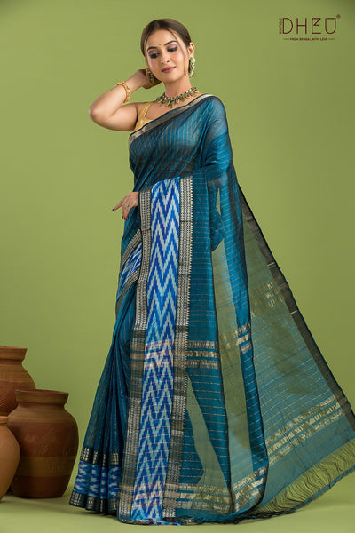Pure Silk Ikkat Par Mangalagiri Saree (Silk Mark Certified)