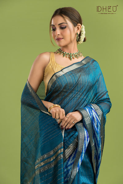 Pure Silk Ikkat Par Mangalagiri Saree (Silk Mark Certified)