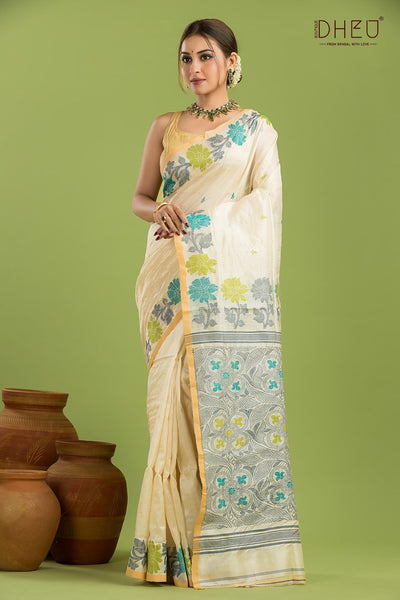 Pure Tussar Silk Jamdani Saree (Silk Mark Certified)