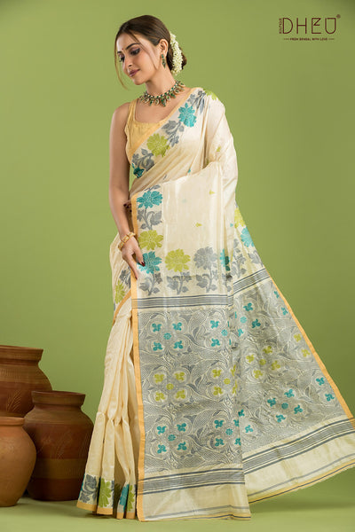 Pure Tussar Silk Jamdani Saree (Silk Mark Certified)