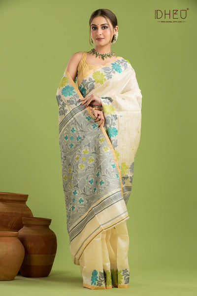 Pure Tussar Silk Jamdani Saree (Silk Mark Certified)