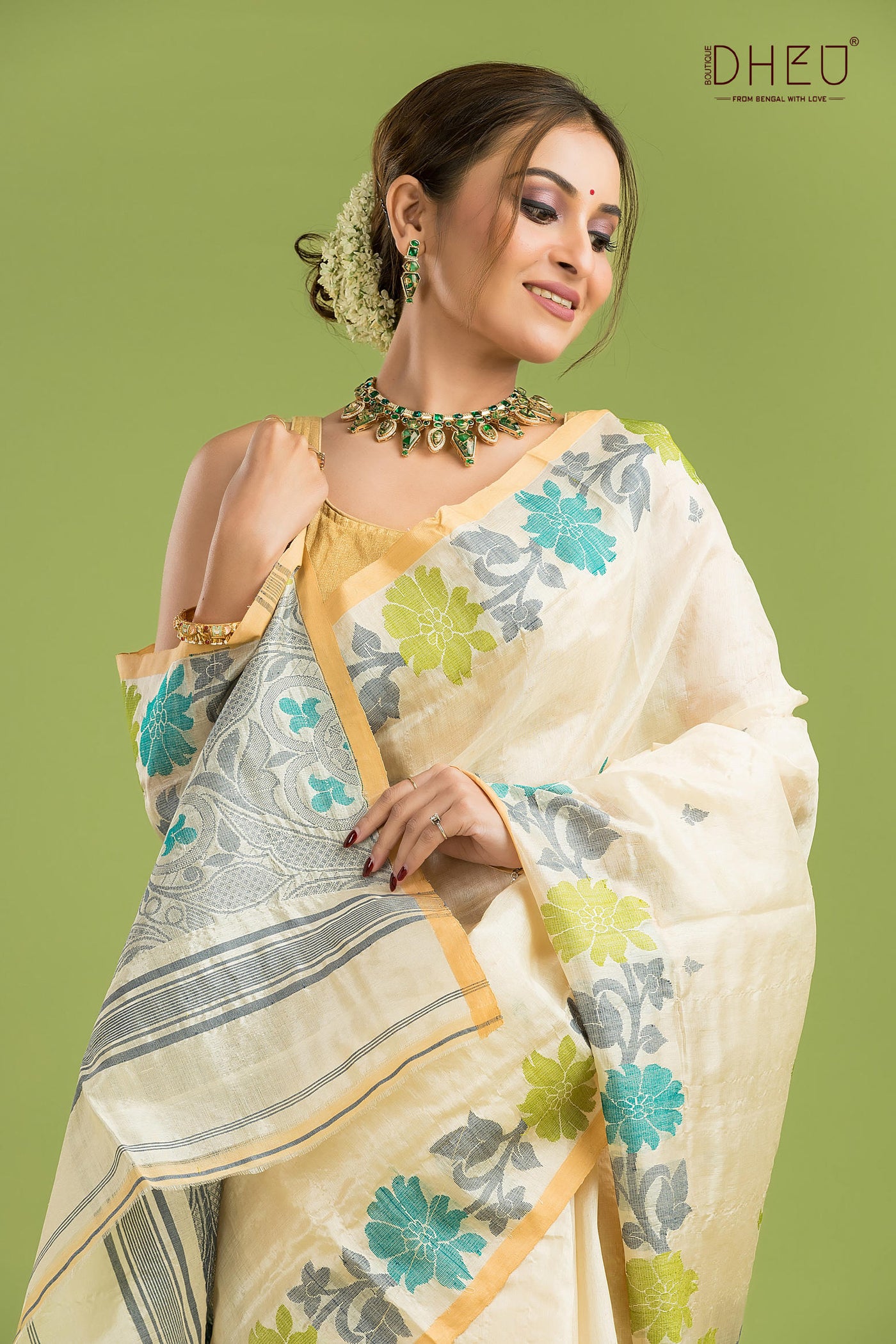 Pure Tussar Silk Jamdani Saree (Silk Mark Certified)