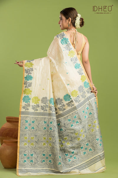 Pure Tussar Silk Jamdani Saree (Silk Mark Certified)