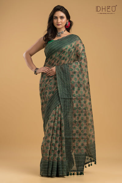 Handloom Silk Kantha Stitch Border Saree