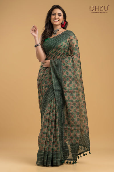 Handloom Silk Kantha Stitch Border Saree