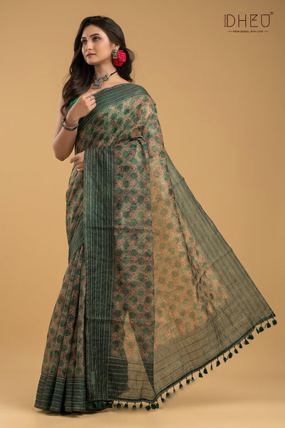 Handloom Silk Kantha Stitch Border Saree