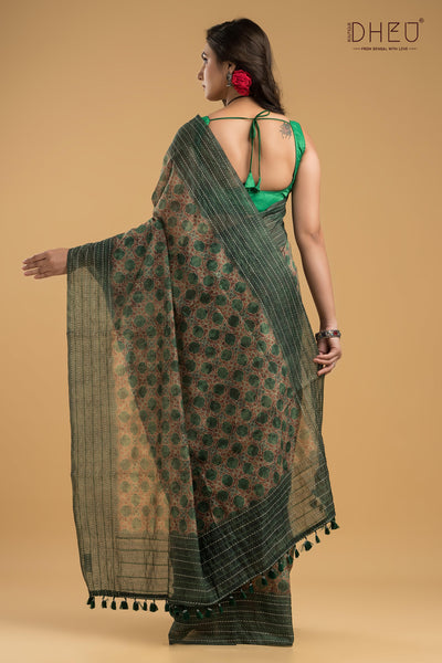 Handloom Silk Kantha Stitch Border Saree