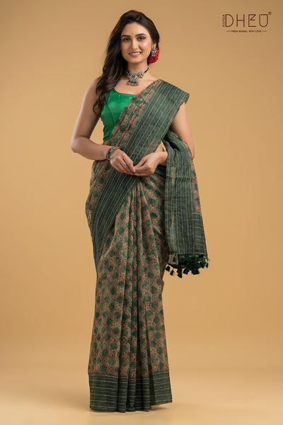 Handloom Silk Kantha Stitch Border Saree