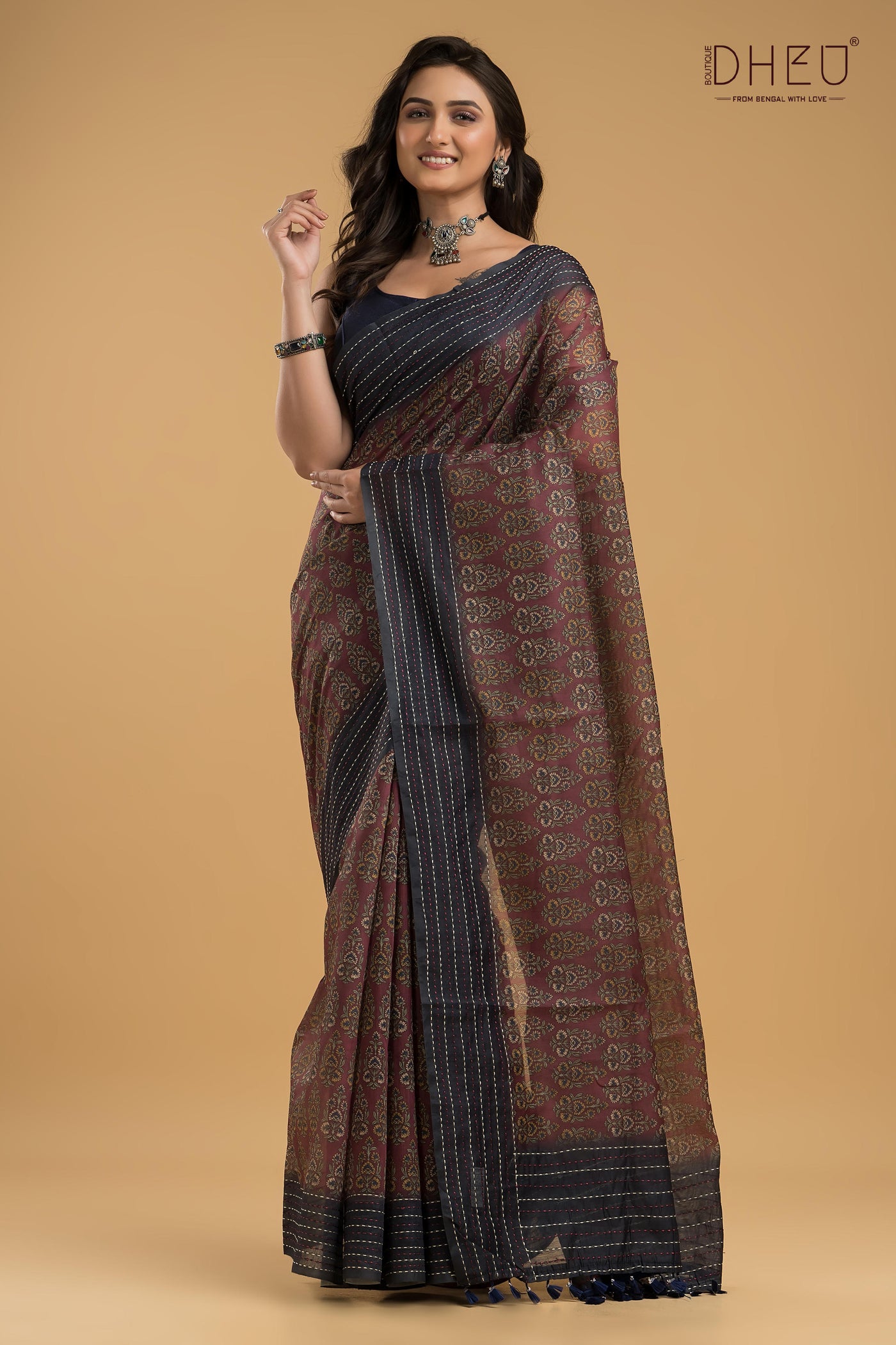 Handloom Silk Kantha Stitch Border Saree
