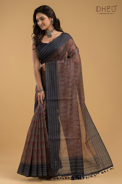 Handloom Silk Kantha Stitch Border Saree