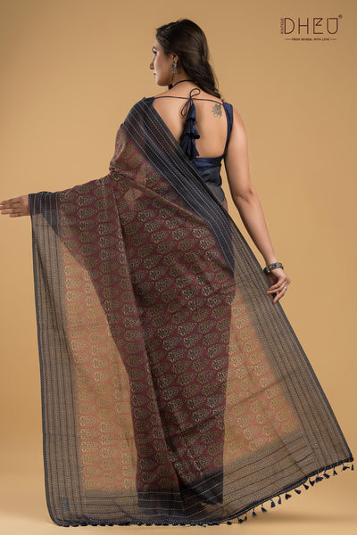 Handloom Silk Kantha Stitch Border Saree