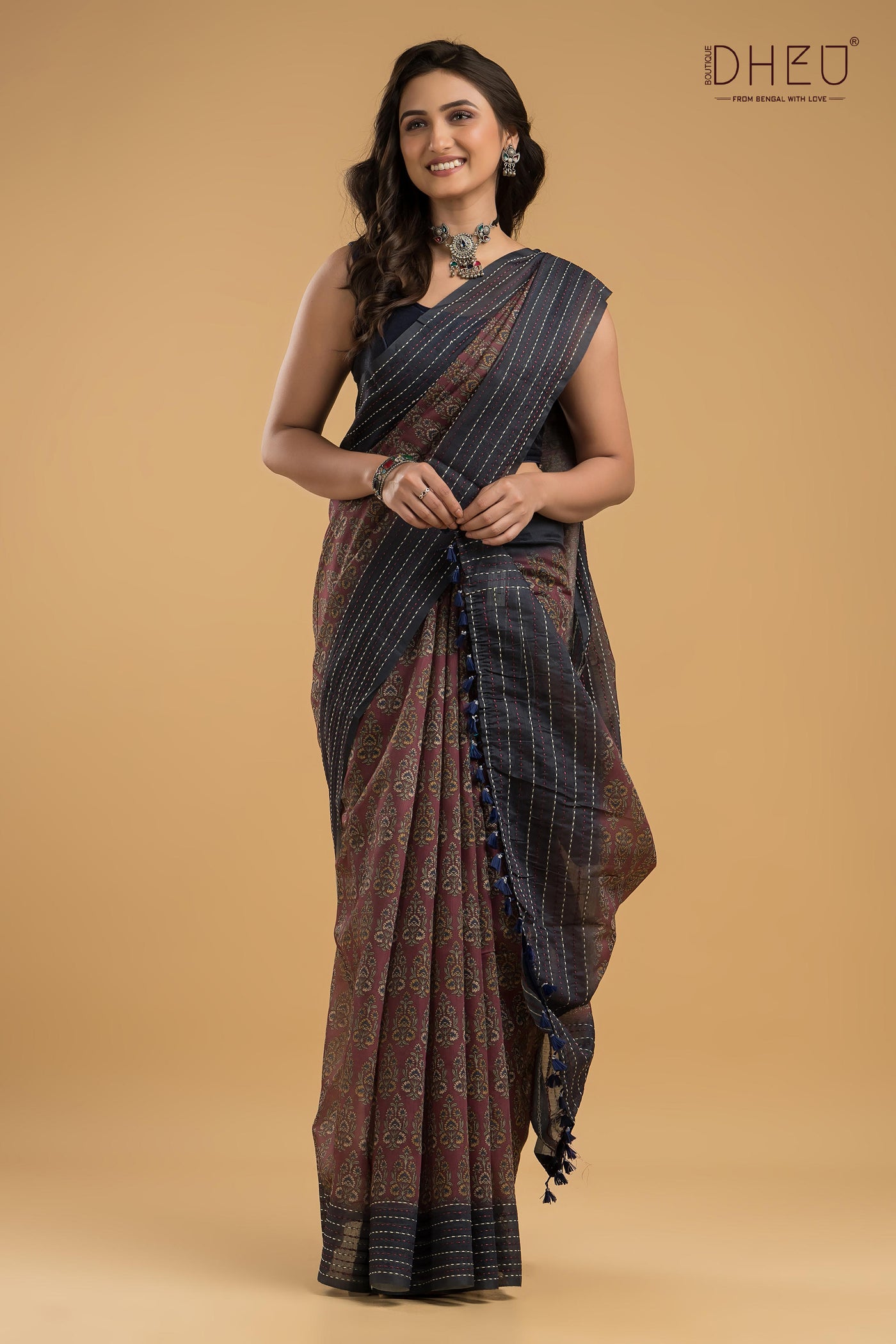 Handloom Silk Kantha Stitch Border Saree