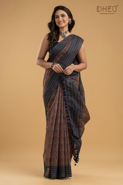 Handloom Silk Kantha Stitch Border Saree