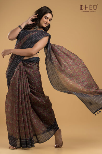 Handloom Silk Kantha Stitch Border Saree