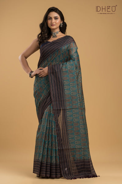 Handloom Silk Kantha Stitch Border Saree