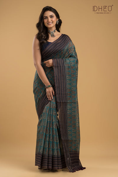 Handloom Silk Kantha Stitch Border Saree